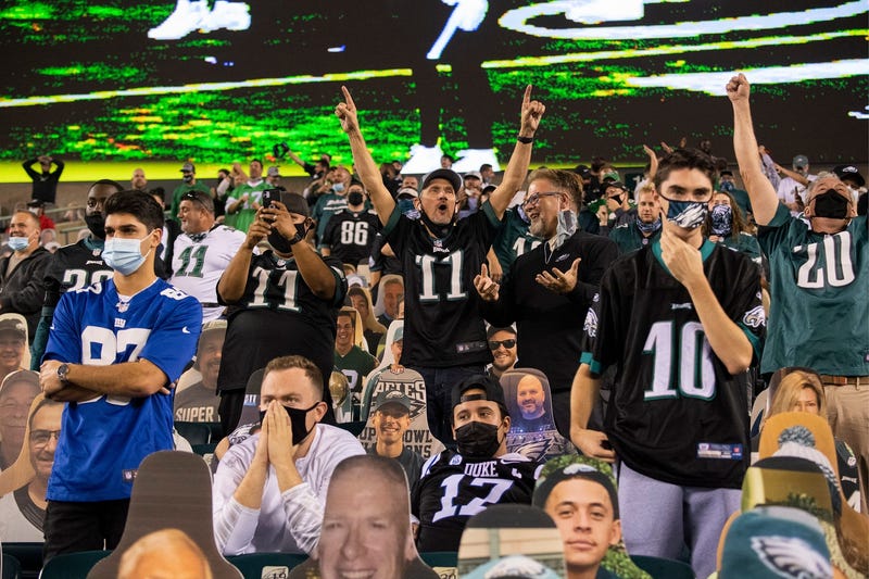 Fans react as the Eagles beat the Giants 22-21 Thursday, Oct. 22, 2020, in Philadelphia.