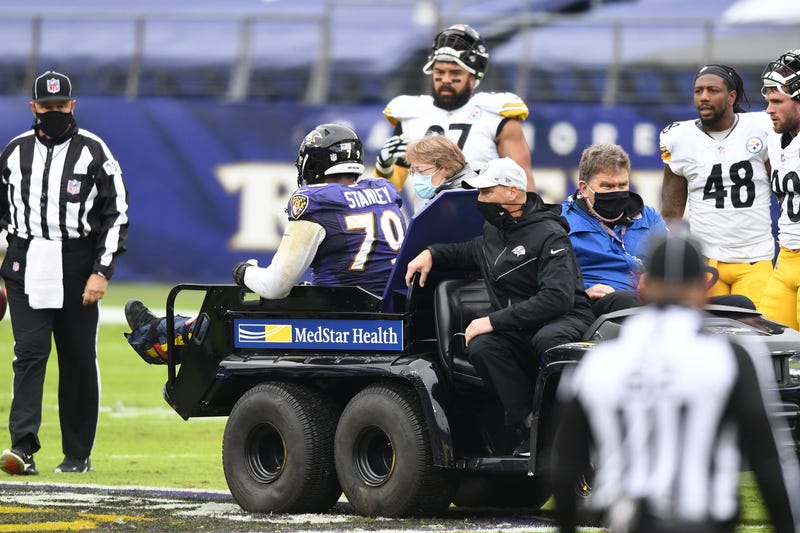 Baltimore Ravens offensive tackle Ronnie Stanley (79) in carted off the field after suffering an apparent injury in the first quarter against the Pittsburgh Steelers at M&T Bank Stadium.
