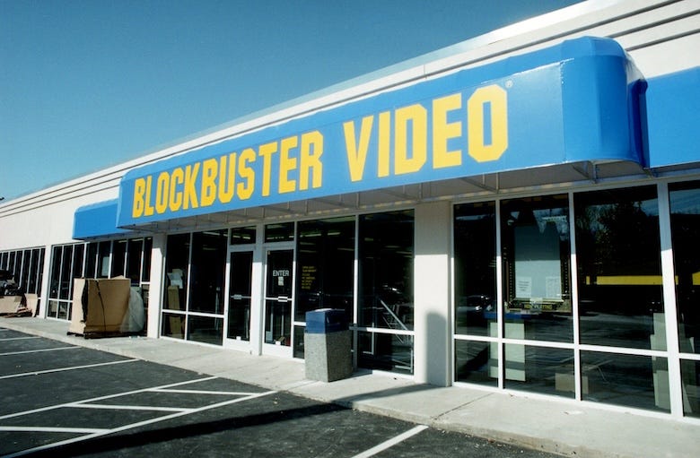 Outside of a Blockbuster video store