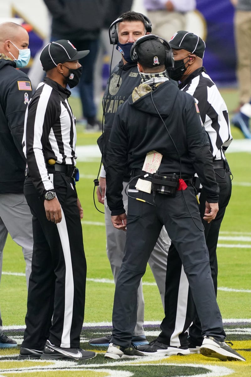 Titans coach Mike Vrabel and Ravens coach John Harbaugh argue at mid-field before the Ravens Week 11 loss to the Titans.