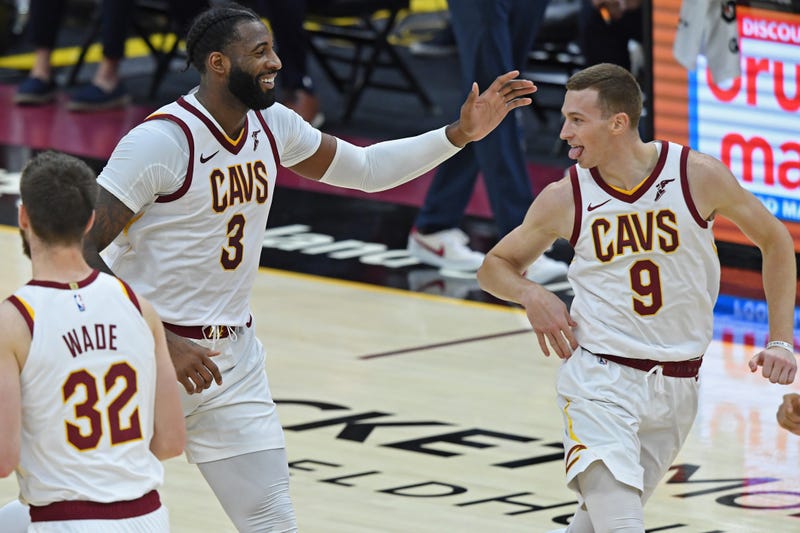 Cleveland Cavaliers center Andre Drummond (3) celebrates with guard Dylan Windler (9) after hitting a shot during the second quarter against the Indiana Pacers at Rocket Mortgage FieldHouse.