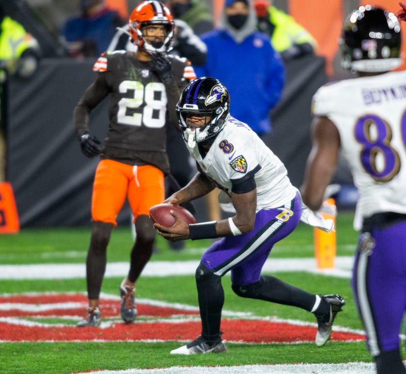 Lamar Jackson scoring one of his 2 rushing TDs against Cleveland during last Monday night's victory over Cleveland.