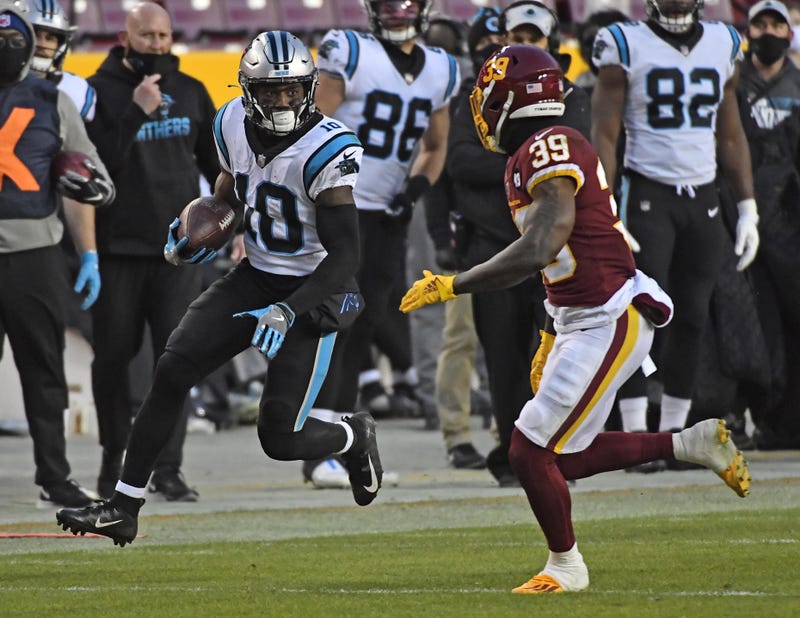 Carolina Panthers wide receiver Curtis Samuel (10) runs with the ball against the Washington Football Team during the first half at FedExField.