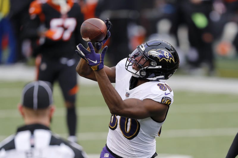 Baltimore Ravens wide receiver Miles Boykin (80) makes the touchdown catch as he defended by Cincinnati Bengals cornerback LeShaun Sims