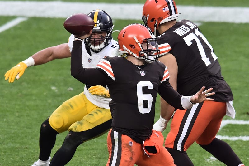 Baker Mayfield throws against the Steelers