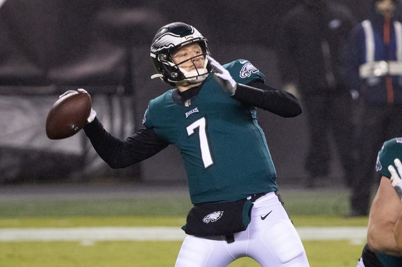 Philadelphia Eagles quarterback Nate Sudfeld (7) passes the ball during the fourth quarter against the Washington Football Team at Lincoln Financial Field.
