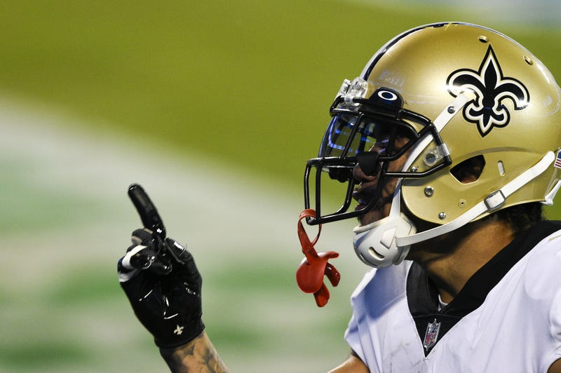New Orleans Saints cornerback Marshon Lattimore (23) reacts after making an interception in the third quarter at Bank of America Stadium.