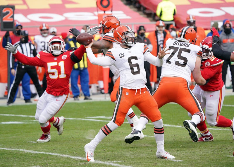 Cleveland Browns quarterback Baker Mayfield throws against the Kansas City Chiefs during the first half in the AFC Divisional Round playoff game at Arrowhead Stadium.
