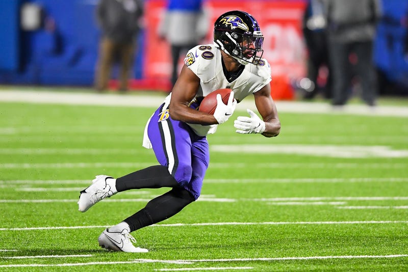  Baltimore Ravens wide receiver Miles Boykin (80) runs with the ball after a catch against the Buffalo Bills during the first quarter of an AFC Divisional Round