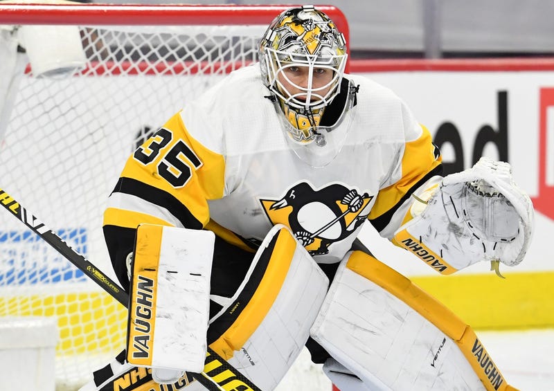 Tristan Jarry in goal close up