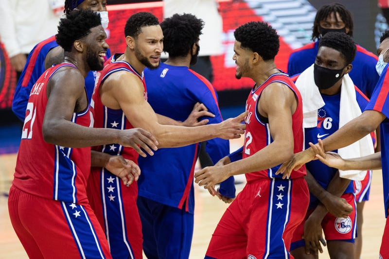 Joel Embiid, Ben Simmons and Tobias Harris of the Philadelphia 76ers