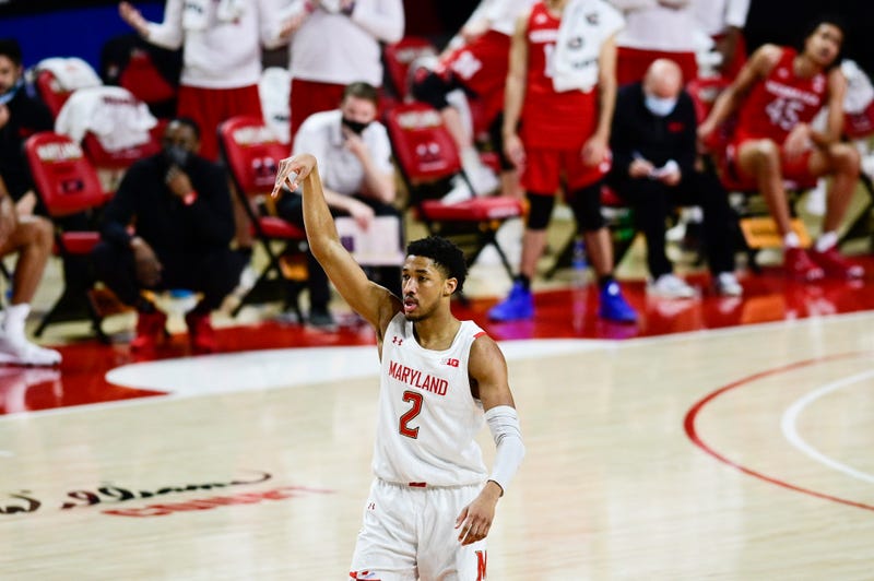 Maryland Guard Aaron Wiggins celebrates another made field goal during MD's win over Nebraska.