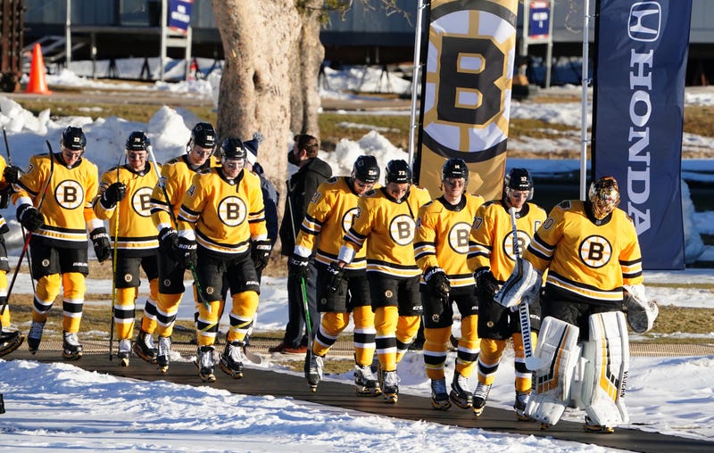 The Bruins in their yellow reverse retro jerseys