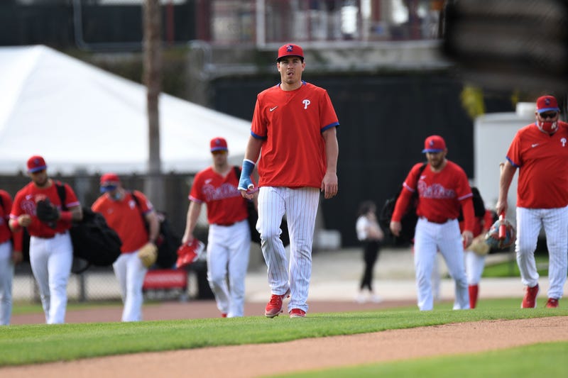 Philadelphia Phillies catcher J.T. Realmuto (10) walks towards the batting cage during spring training at Spectrum Field.