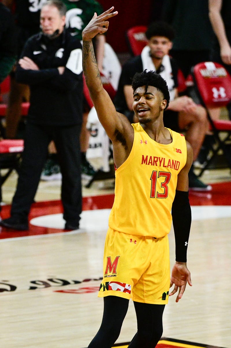 Terps Guard Hakim Hart celebrates a bucket during MD's win over Michigan State.
