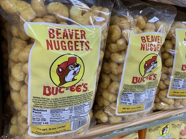 Packs of Beaver Nuggets on a Buc-ee's shelf