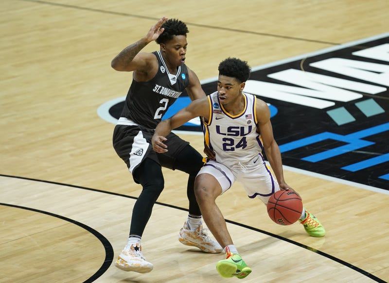 LSU's Cameron Thomas drives the lane during the Tigers' first-round win over St. Bonaventure.