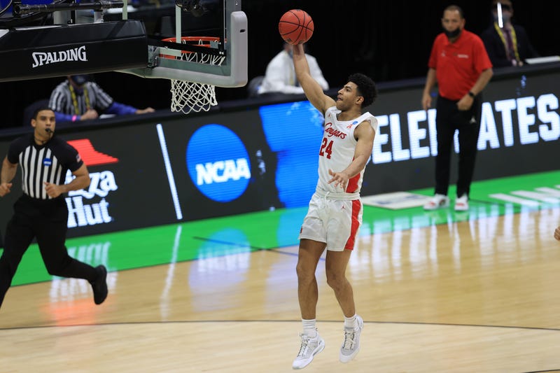 Houston Cougars guard Quentin Grimes (24) goes up for a shot during the second half in the second round of the 2021 NCAA Tournament against the Rutgers Scarlet Knights at Lucas Oil Stadium.