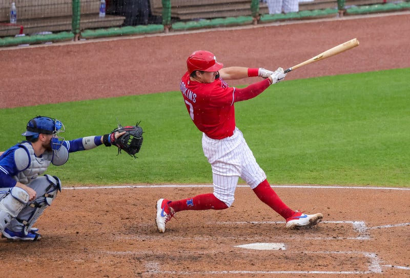 Philadelphia Phillies first baseman Rhys Hoskins (17) hits a foul ball during the fifth inning against the Toronto Blue Jays at BayCare Ballpark.