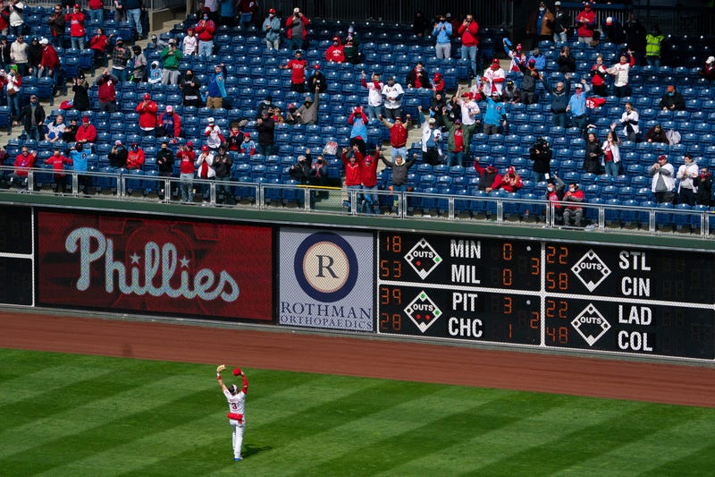 Philadelphia Phillies right fielder Bryce Harper (3) waves to fans before the start of the first inning against the Atlanta Braves on opening day at Citizens Bank Park.