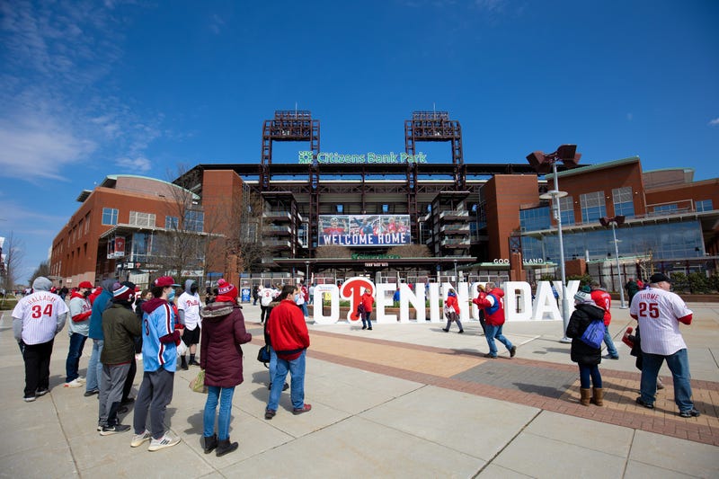 Fans outside Citizens Bank Park before an opening day game between the Philadelphia Phillies and the Atlanta Braves.