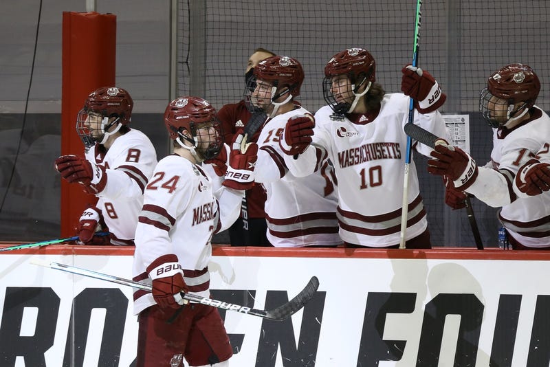 Zac Jones celebrates his goal in UMass' Frozen Four win over Minnesota-Duluth