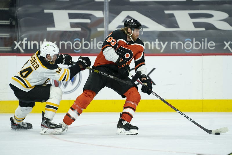 Flyers right wing Jakub Voracek controls the puck against Boston Bruins right wing Chris Wagner in the second period at the Wells Fargo Center. The Flyers prevailed 3-2 against Boston.
