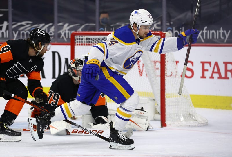 Buffalo Sabres center Rasmus Asplund celebrates after scoring the game-winning goal in the third period against the Philadelphia Flyers at the Wells Fargo Center Sunday.