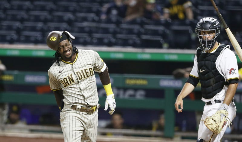 ; San Diego Padres pinch hitter shortstop Jorge Mateo (3) tosses his bat after being hit by a pitch