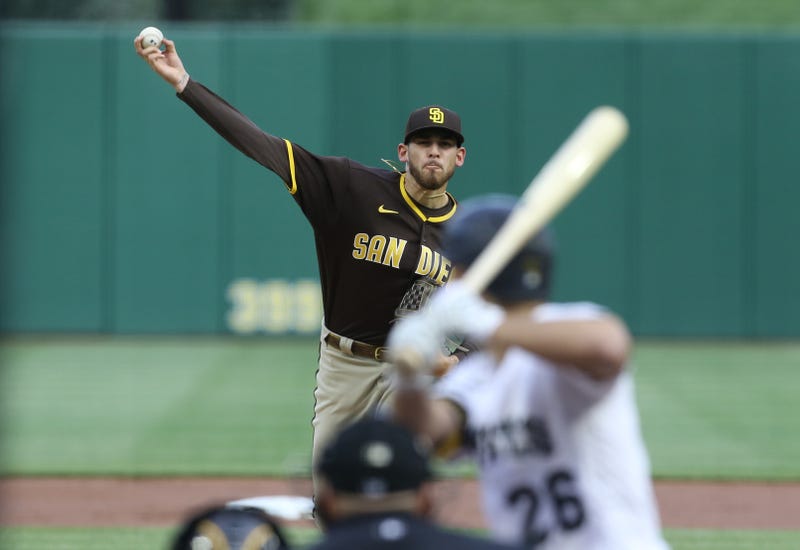 Joe Musgrove pitching to Adam Frazier