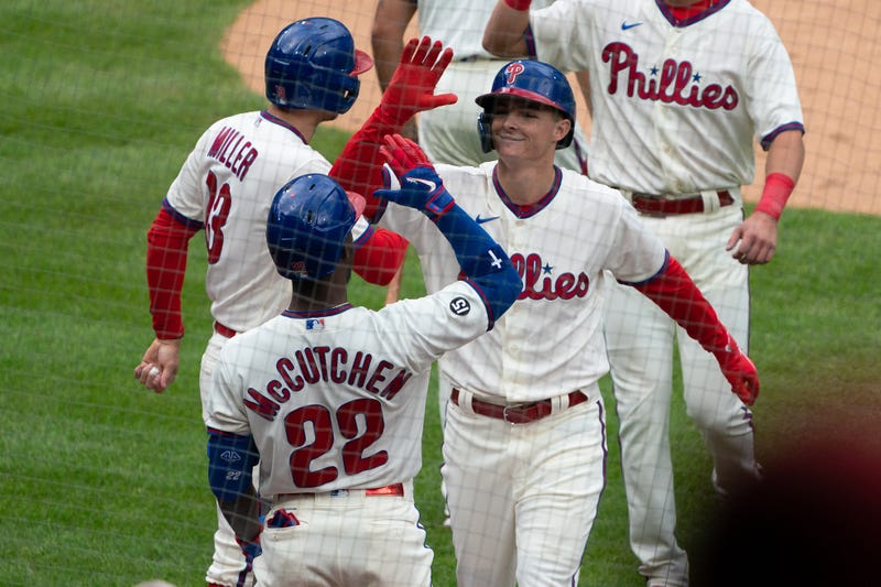 Philadelphia Phillies center fielder Mickey Moniak (16) reacts after hitting a three RBI home run during the second inning against the San Francisco Giants.