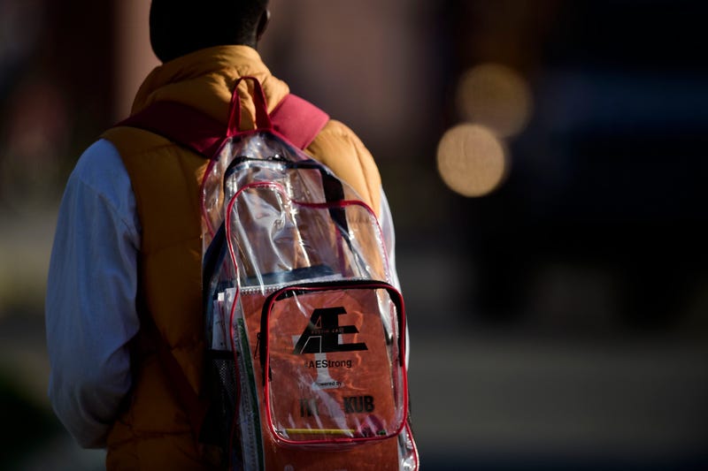 A student wears a clear backpack upon returning to Austin-East Magnet High School in Knoxville, Tenn. on Thursday, April 22, 2021.