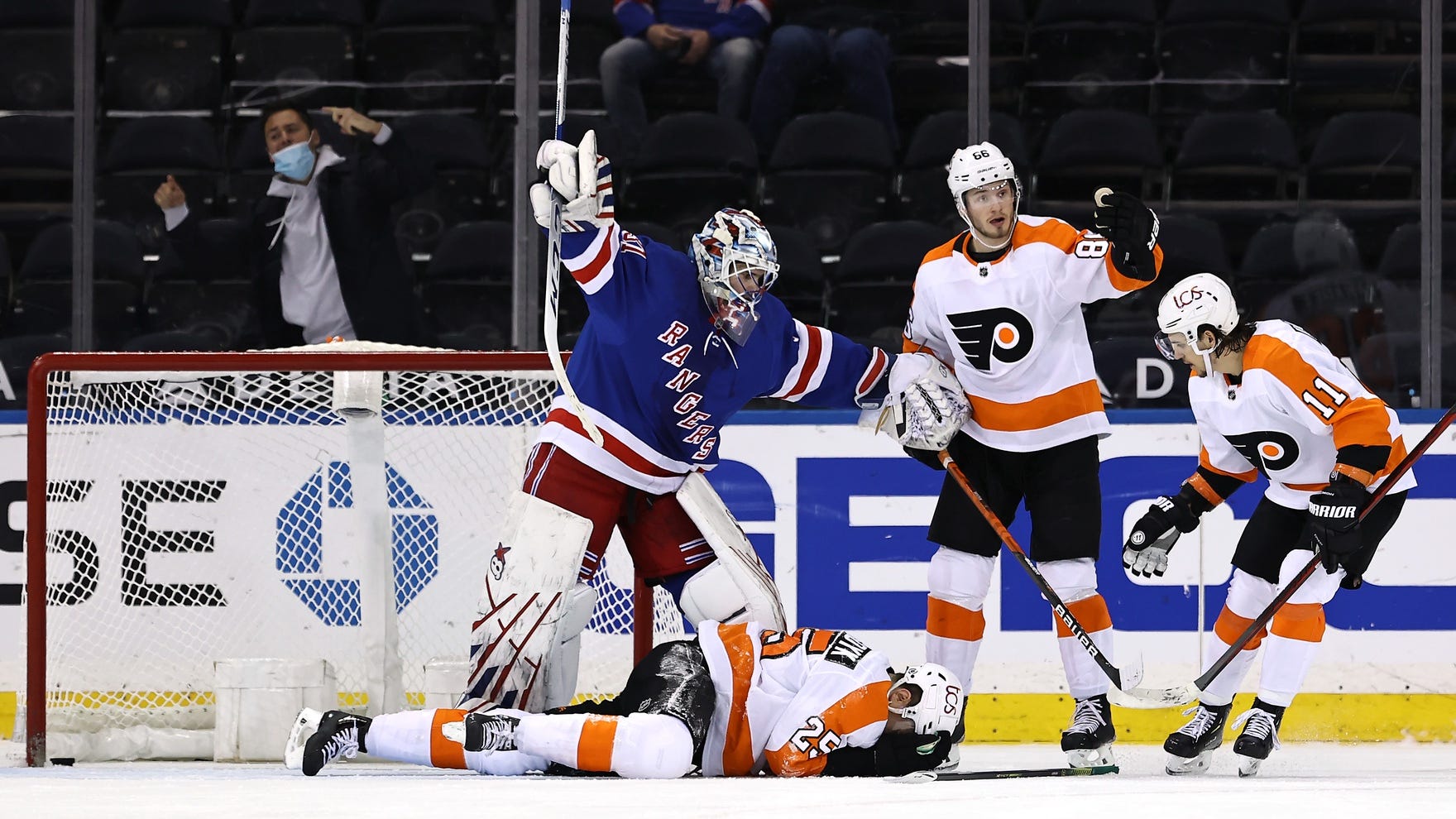 Watch the Flyers' James van Riemsdyk score a goal off his face