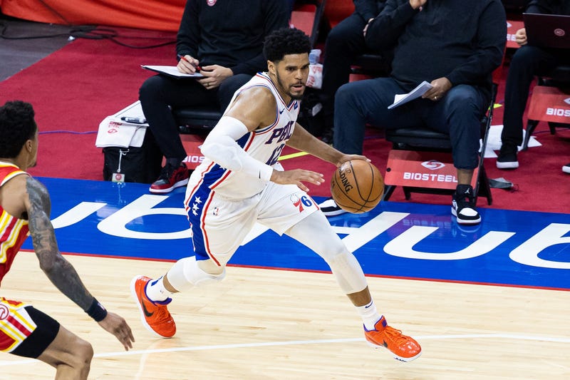 Philadelphia 76ers forward Tobias Harris (12) drives against the Atlanta Hawks during the third quarter at Wells Fargo Center.