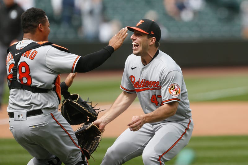 John Means and Pedro Severino celebrate Means' No-hitter