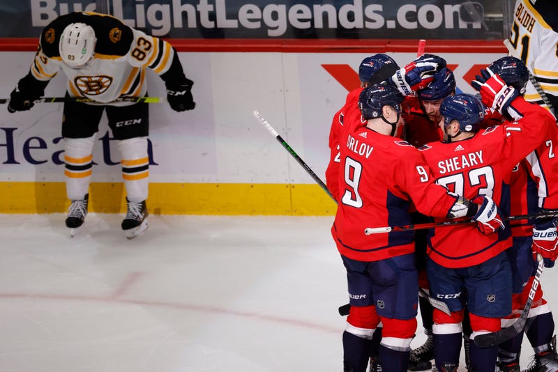 The Capitals celebrate a goal in Tuesday night's win over the Bruins