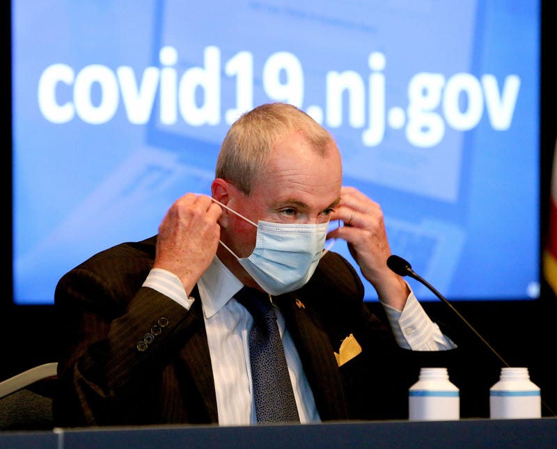 Gov. Phil Murphy masks up at the conclusion of his Monday, May 3, 2021, COVID-19 briefing delivered at the War Memorial in Trenton