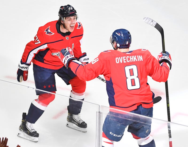 Alex Ovechkin and TJ Oshie celebrate a goal