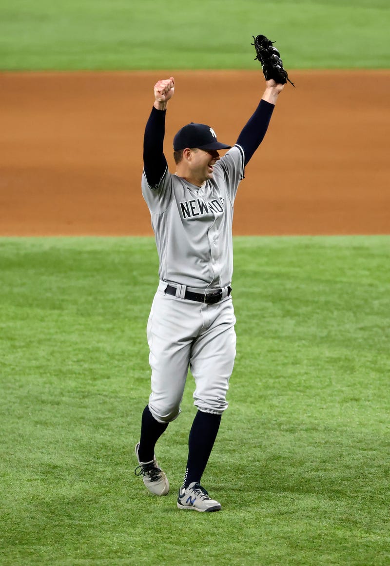 May 19, 2021; Arlington, Texas, USA; New York Yankees starting pitcher Corey Kluber (28) celebrates after throwing a no-hitter against the Texas Rangers at Globe Life Field. Mandatory Credit: Kevin Jairaj-USA TODAY Sports