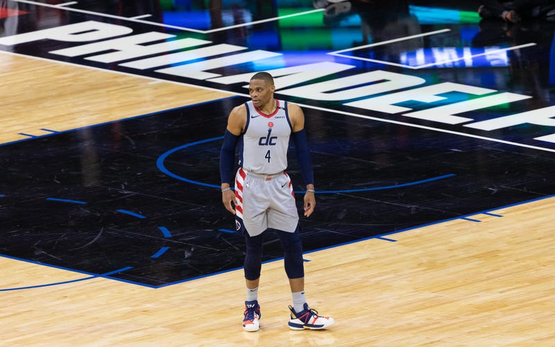 Wizards star Russell Westbrook on the Sixers' court.