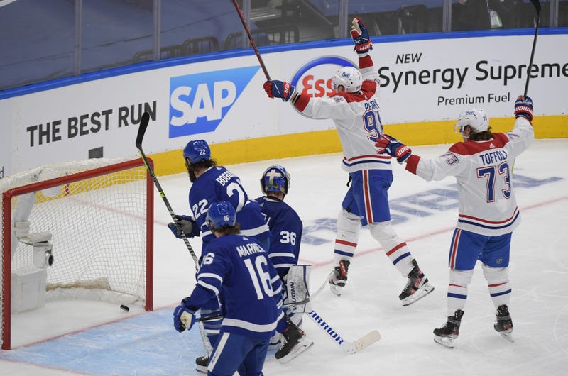 Montreal Canadiens celebrate a goal against the Toronto Maple Leafs.