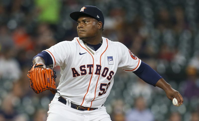 Houston Astros starting pitcher Framber Valdez (59) pitches against the Boston Red Sox in the first inning at Minute Maid Park.
