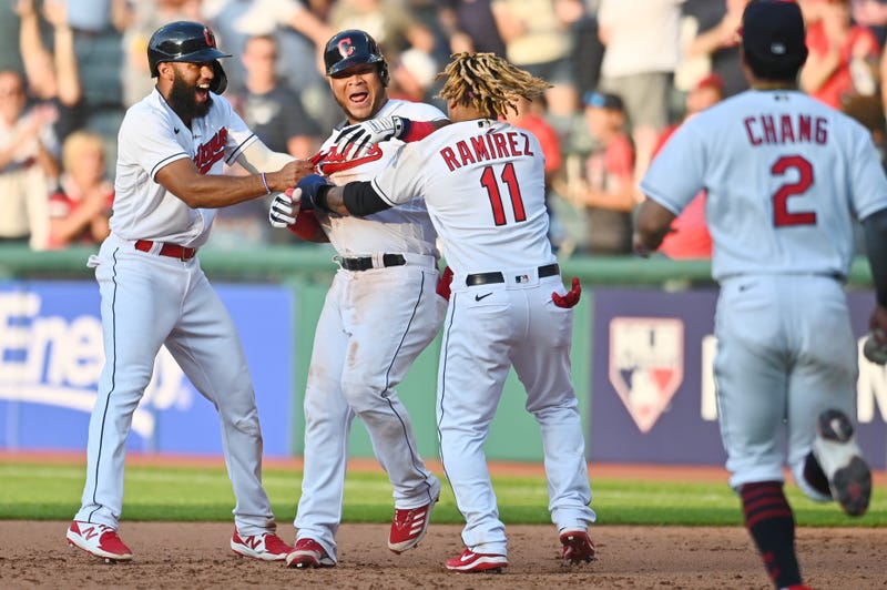 Jun 12, 2021; Cleveland, Ohio, USA; Cleveland Indians fielder Harold Ramirez (40) celebrates with shortstop Amed Rosario (1) and third baseman Jose Ramirez (11) after defeating the Seattle Mariners at Progressive Field.