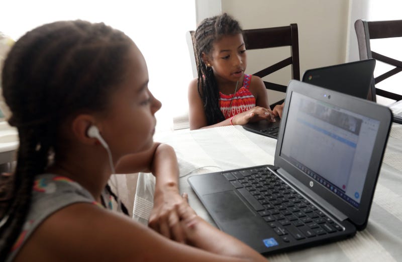 Two siblings attend virtual classes.