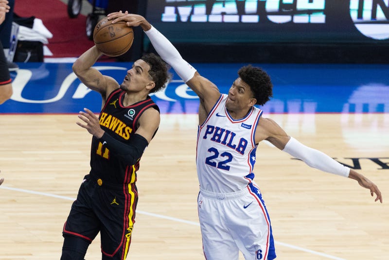 Philadelphia 76ers guard Matisse Thybulle blocks the shot of Atlanta Hawks guard Trae Young