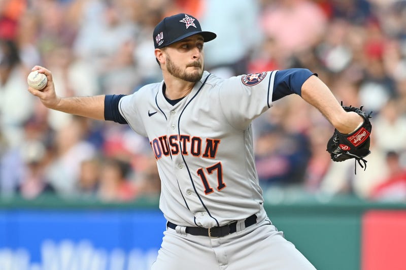 Houston Astros starting pitcher Jake Odorizzi (17) throws a pitch against the Cleveland Indians during the first inning at Progressive Field.