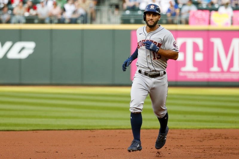 Houston Astros third baseman Abraham Toro (13) runs the bases after hitting a solo-home run against the Seattle Mariners during the first inning at T-Mobile Park.