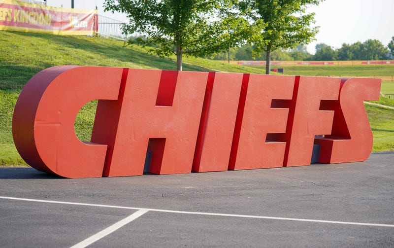 A general view of a large Chiefs letters for fan photos during training camp at Missouri Western State University.