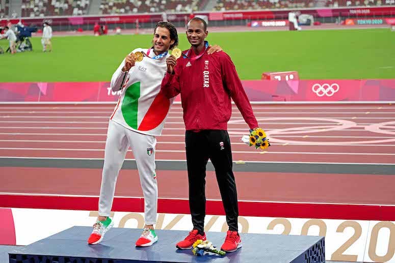 Mutaz Essa Barshim and Gianmarco Tamberi during gold medal ceremony, high jump, Tokyo 2020 Olympic Summer Games