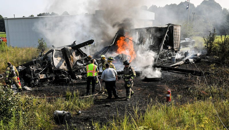 Piercetown and Hopewell fire stations work the scene of a tractor trailer that left I-85, crashing into a power transformer pole and caught fire near Welcome Road in Williamston, S.C. Tuesday, August 10, 2021.